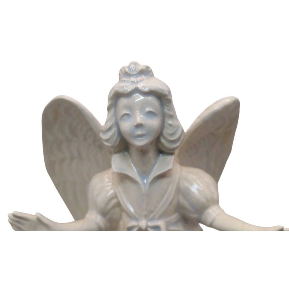 Vintage Ceramic Angel Statue Figurine Ivory Blue Dress 1990s‎ Handmade SEE